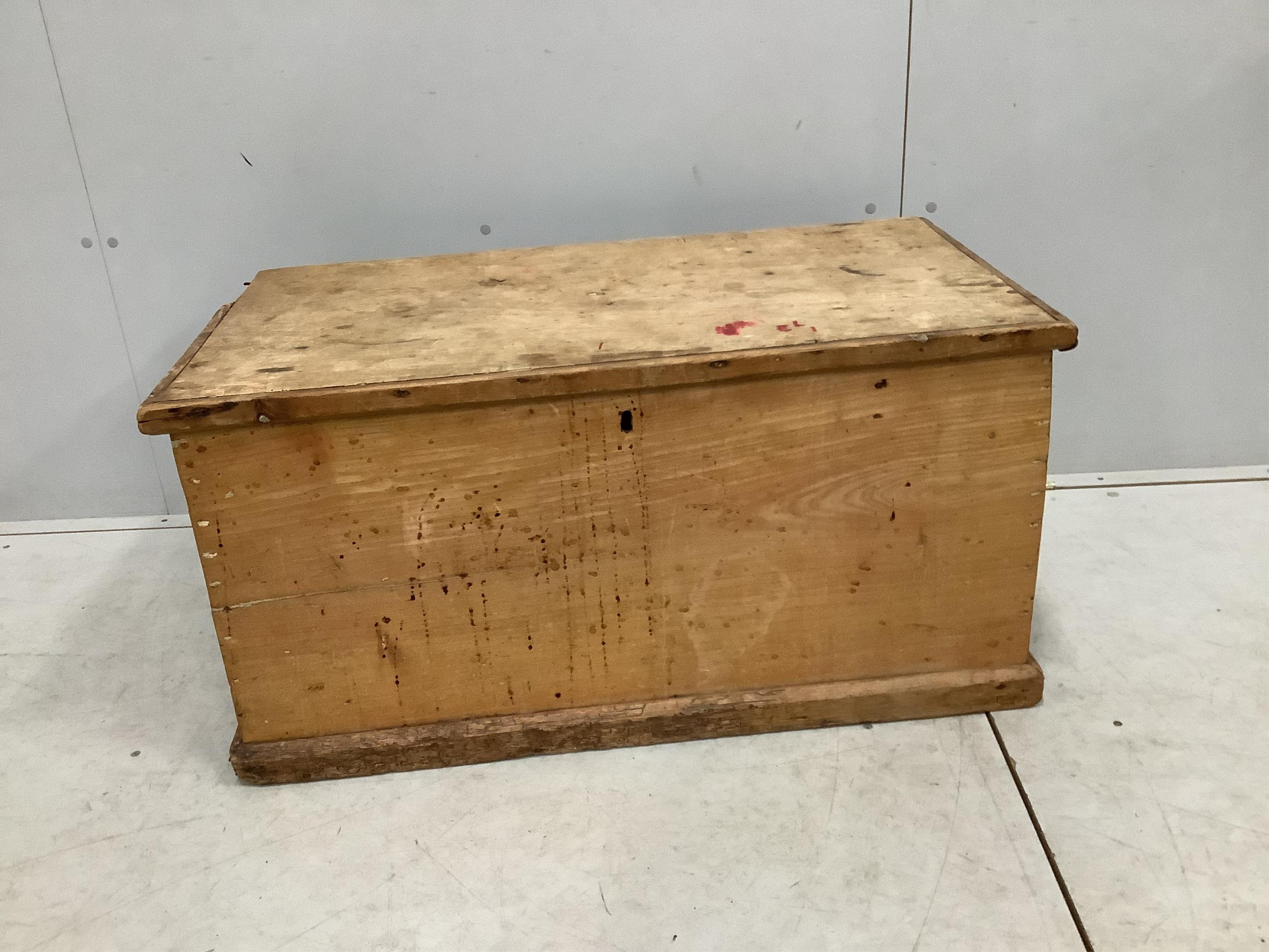 A Victorian rectangular pine trunk, width 94cm, depth 50cm, height 47cm. Condition - poor to fair